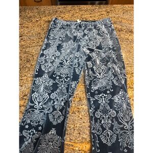 Free People Flare Street Velour Bell Bottom Pants Ornate Damask Blue Gray Size L